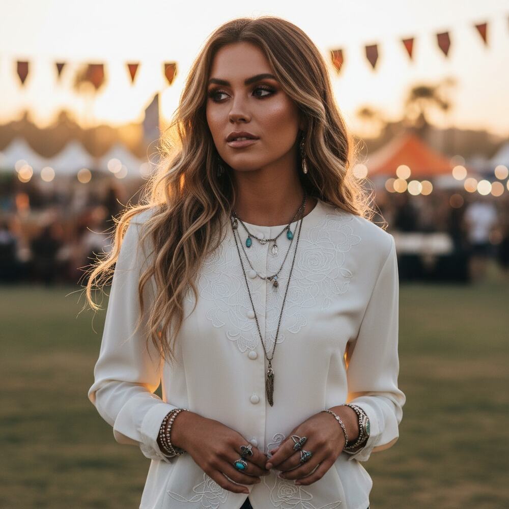 Vintage Mikado Embroidered Button‑Front Blouse Petite